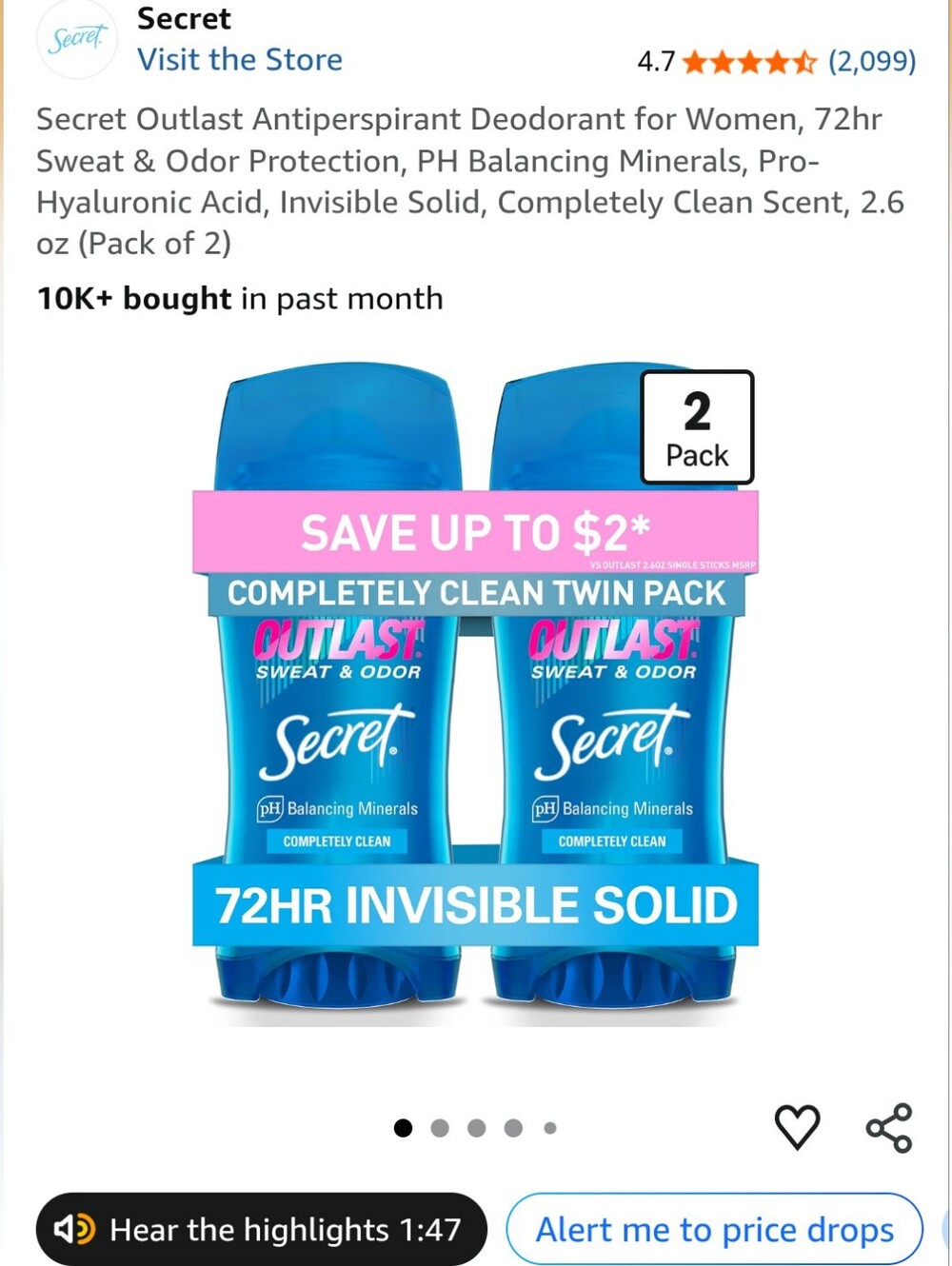 Secret Completely Clean 72HR Invisible Solid Antiperspirant Deodorant (2 Pack)